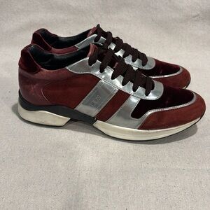 Women’s Tods burgundy and silver velvet sneakers